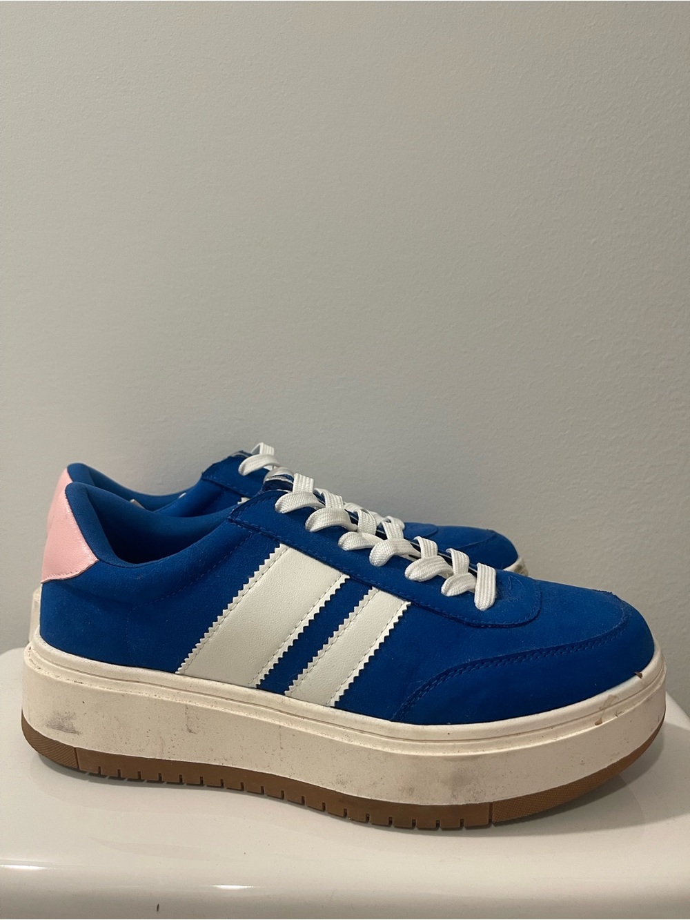 Madden Girl Blue Velvet Platform Sneakers with White Stripes